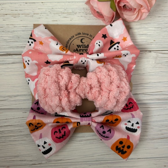 Girly Ghosts Pink Chunky Knit & Pumpkin Halloween Print Bow Headband Bundle - Picture 2 of 3